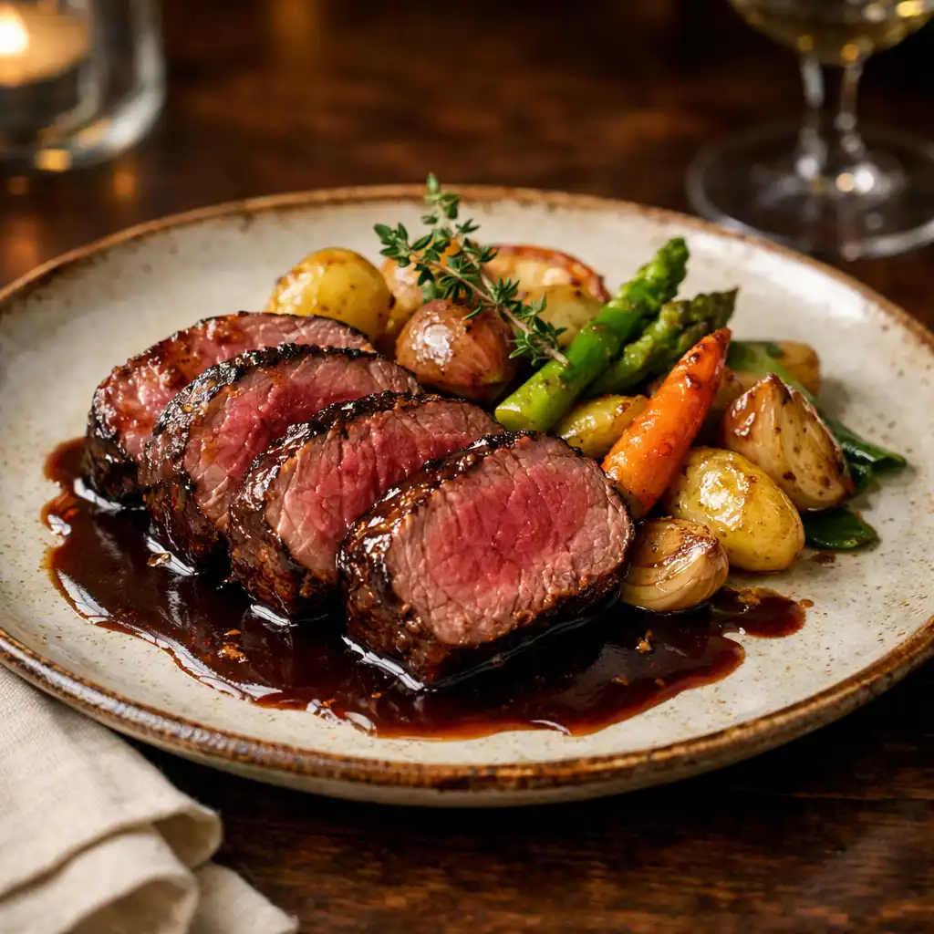 Filet de bœuf tranché avec jus corsé et légumes rôtis
