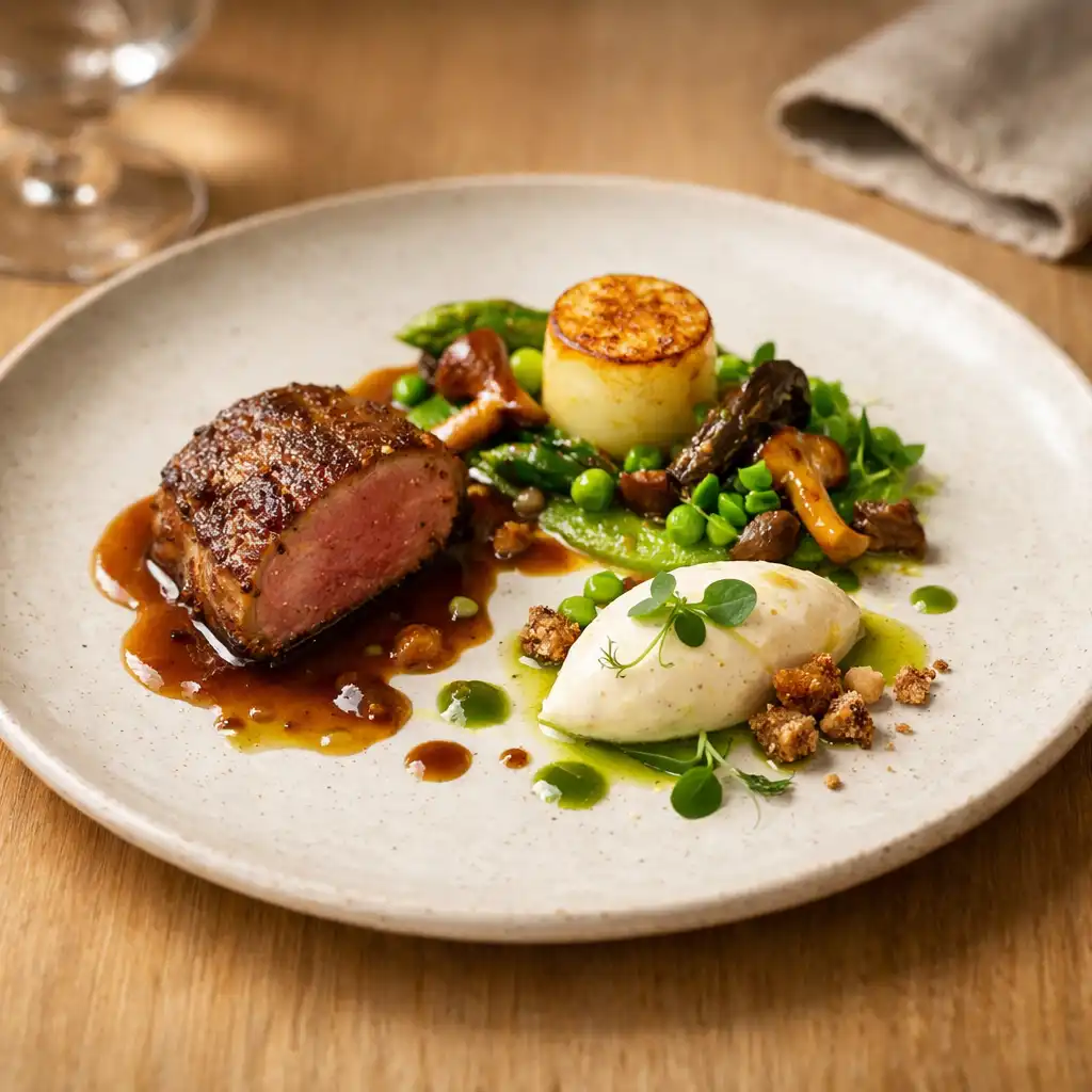 Assiette gastronomique dressée avec soin sur une table en bois clair