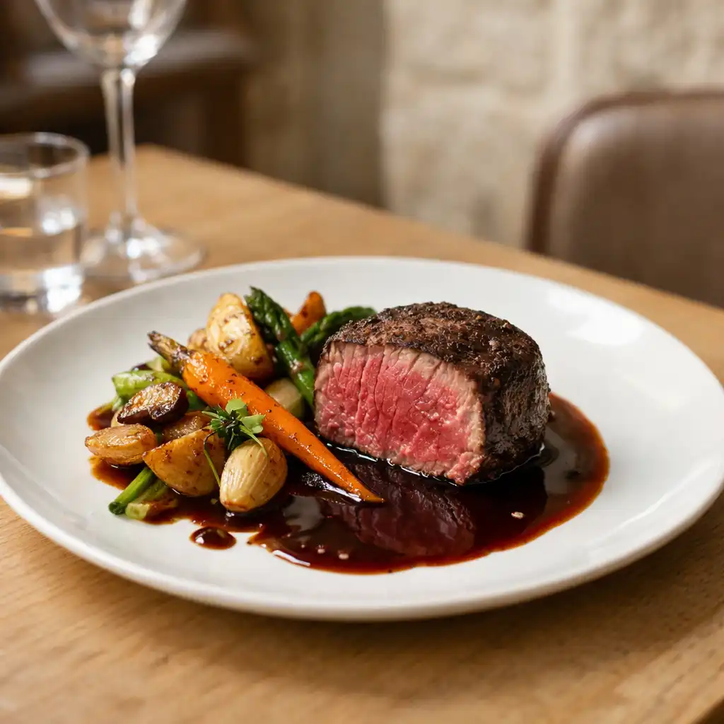 Assiette gastronomique avec filet de bœuf rosé et légumes rôtis