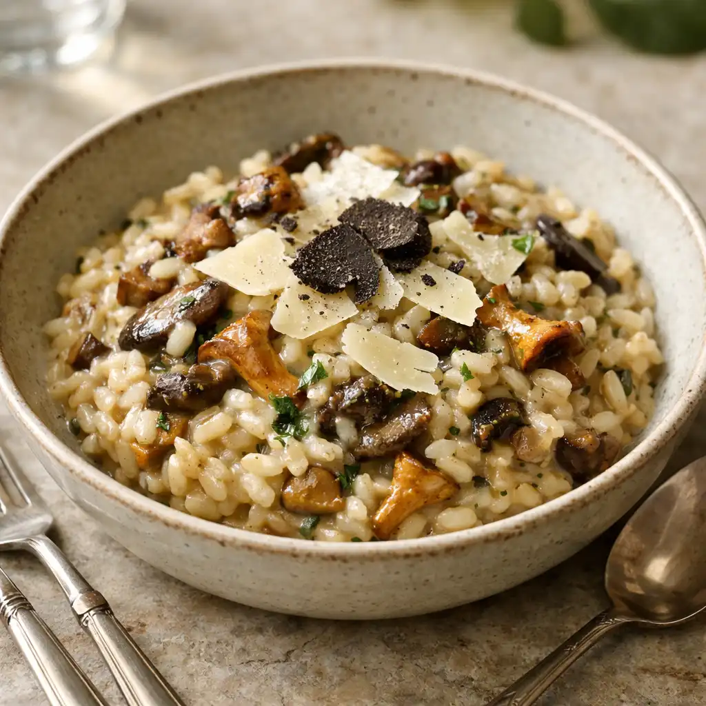 Risotto crémeux aux champignons des bois et copeaux de parmesan