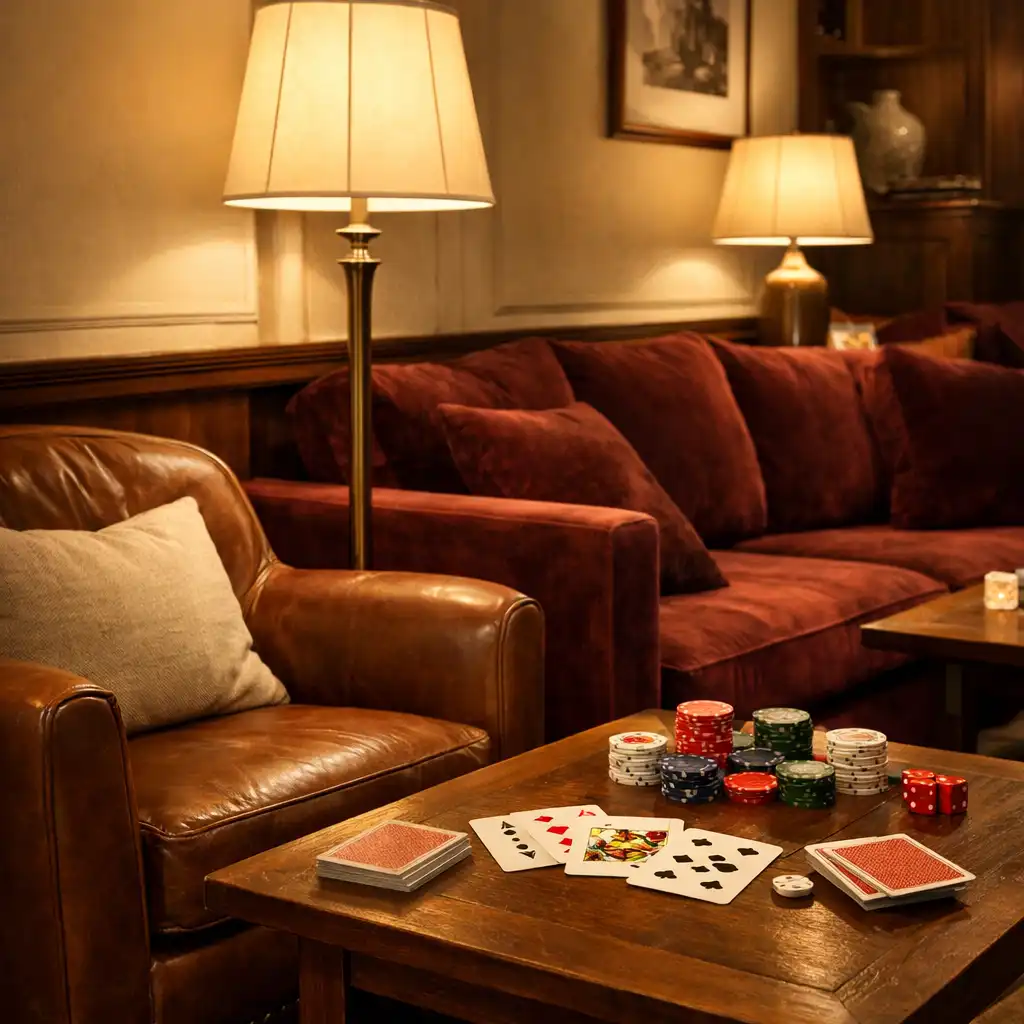 Coin du Card Lounge avec canapés en velours et table basse
