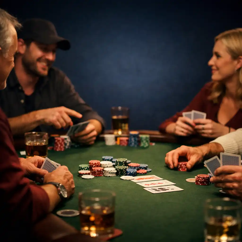 Table de poker physique en cours de partie avec cartes et jetons