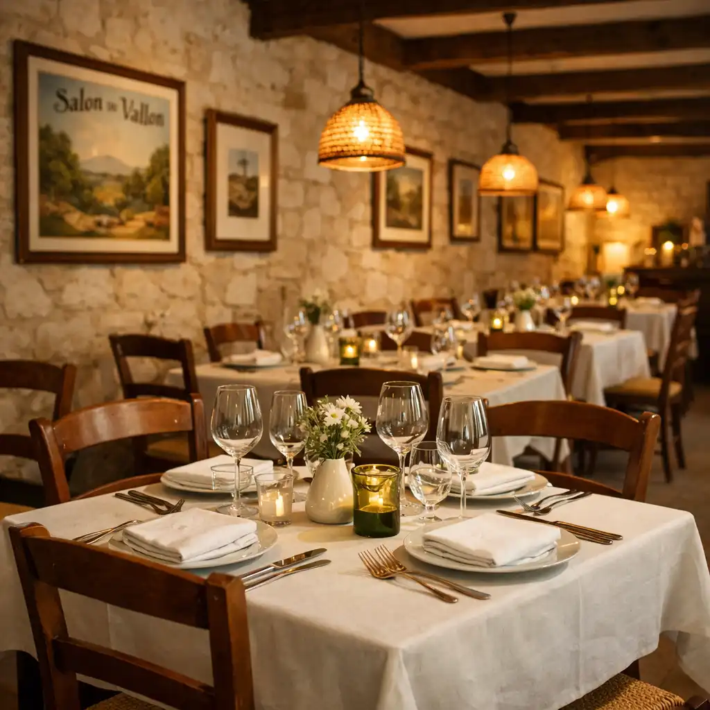 Salle de restaurant de Salon du Vallon avec tables dressées et cadres suspendus