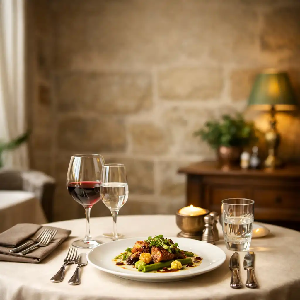 Table de restaurant élégante dressée avec des couverts raffinés et un plat gastronomique dans un intérieur parisien chaleureux