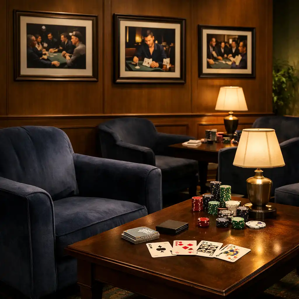 Card Lounge du Salon du Vallon avec fauteuils en velours bleu nuit, tables basses et jeux de cartes