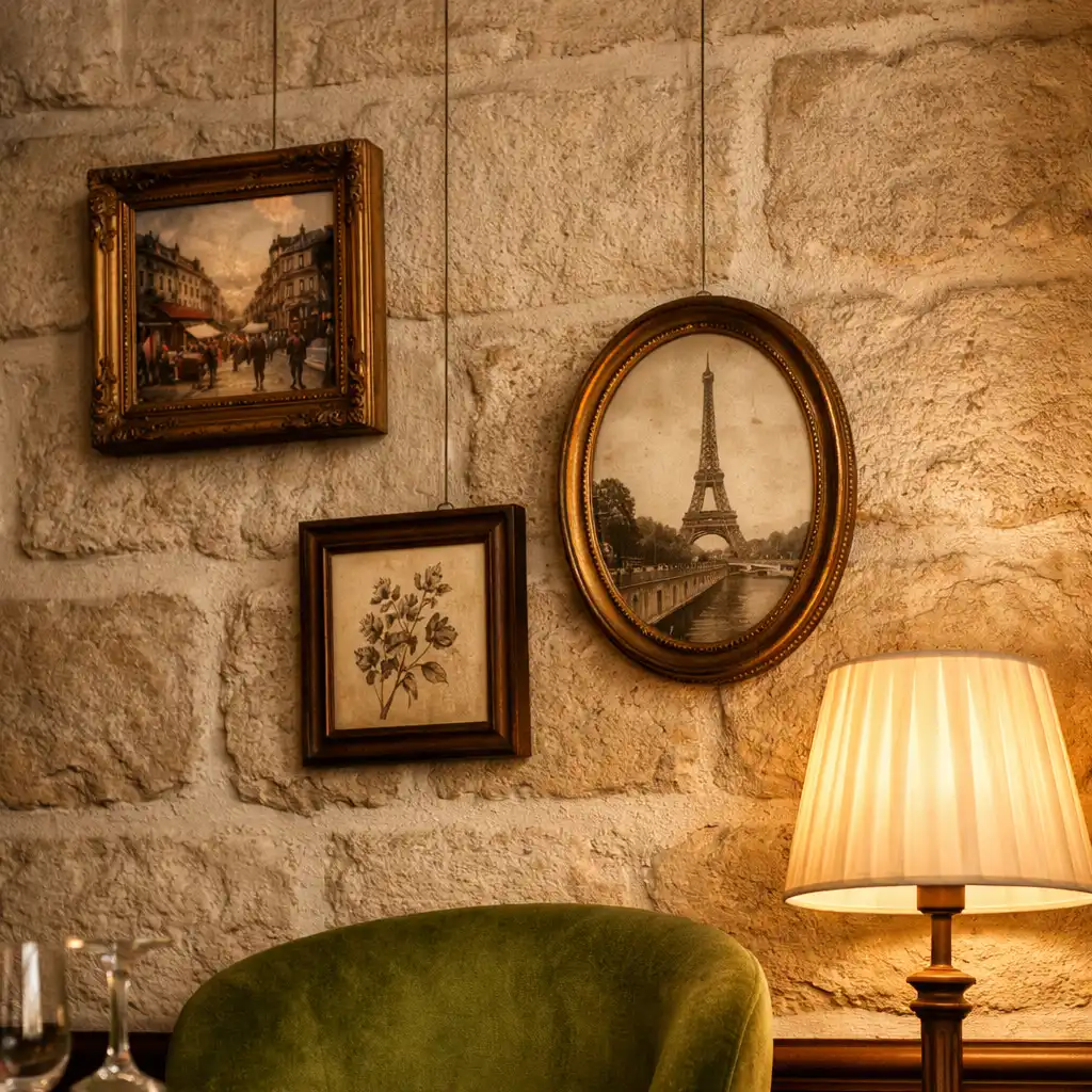 Détail d'intérieur parisien avec mur en pierre calcaire et fauteuil vert mousse