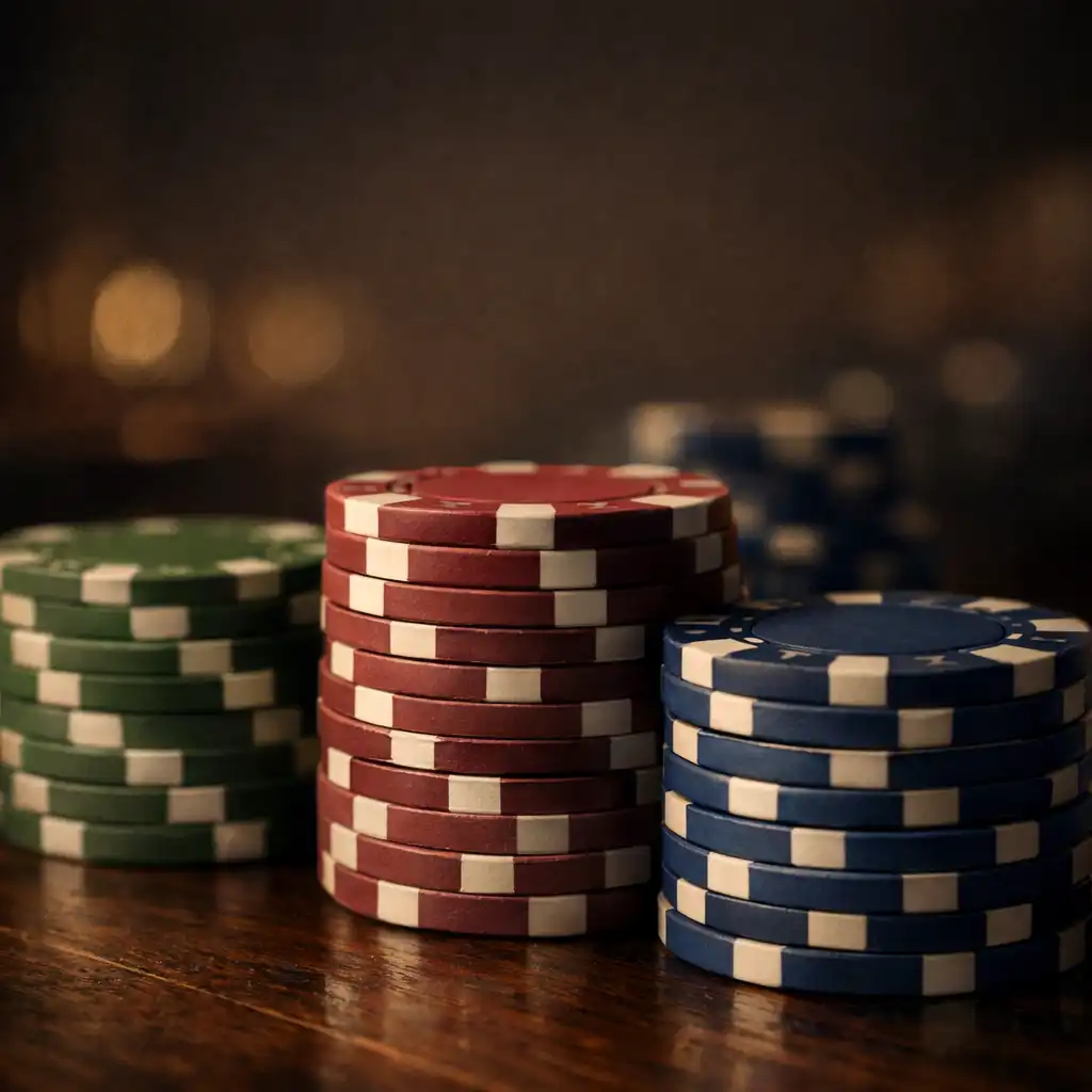 Jetons de poker en argile empilés sur une table en bois