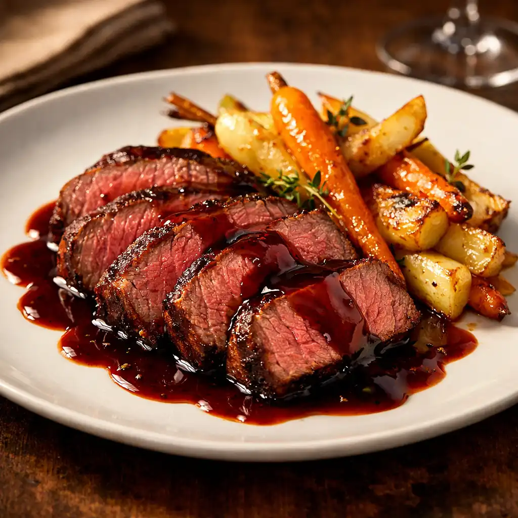 Filet de bœuf cuit à basse température, nappé d'un jus corsé et accompagné de légumes racines