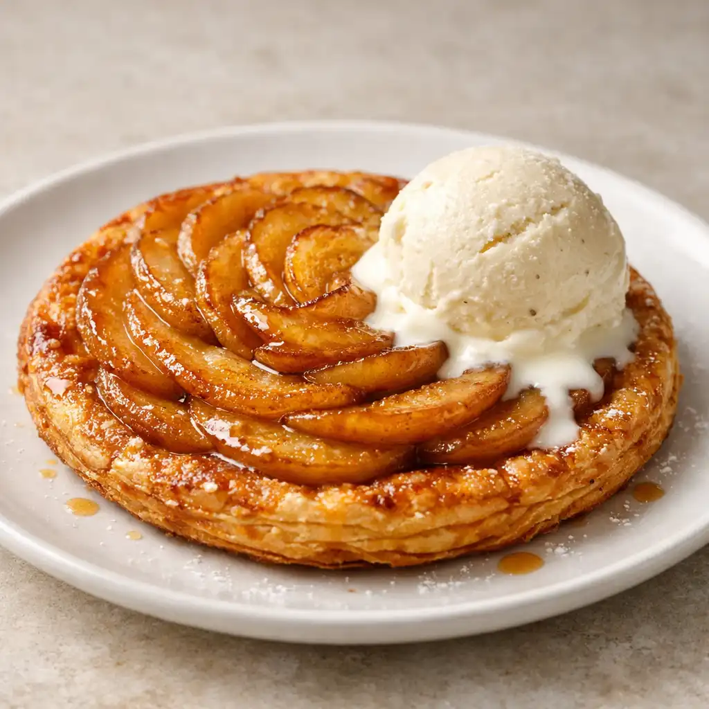 Tarte fine aux pommes caramélisées servie tiède avec une glace à la vanille