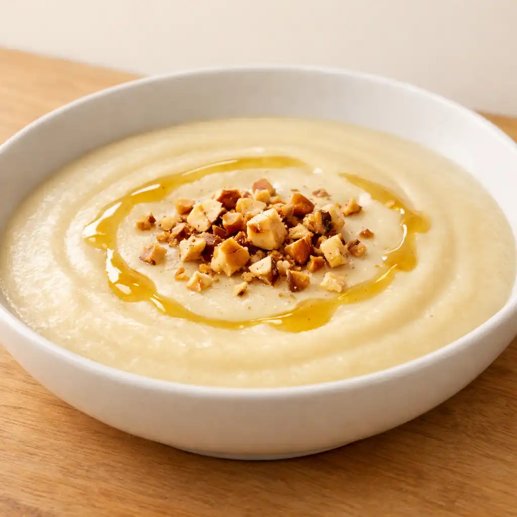 Velouté de panais onctueux parsemé de noisettes torréfiées