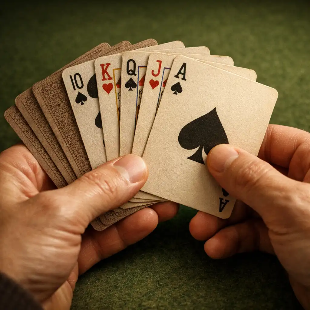 Gros plan de mains tenant des cartes à jouer en éventail