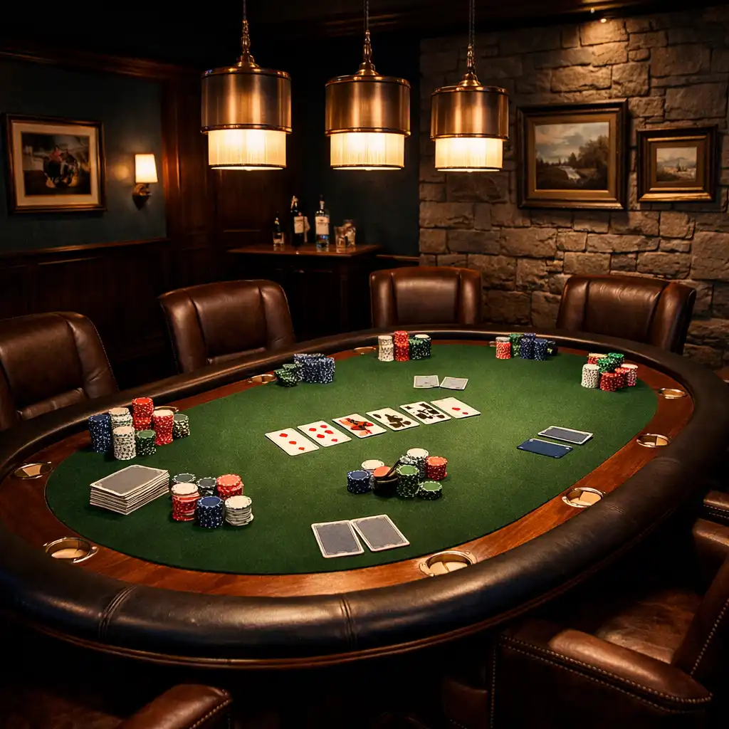 Salle de poker élégante avec une table ovale, des jetons et des cartes, éclairage tamisé