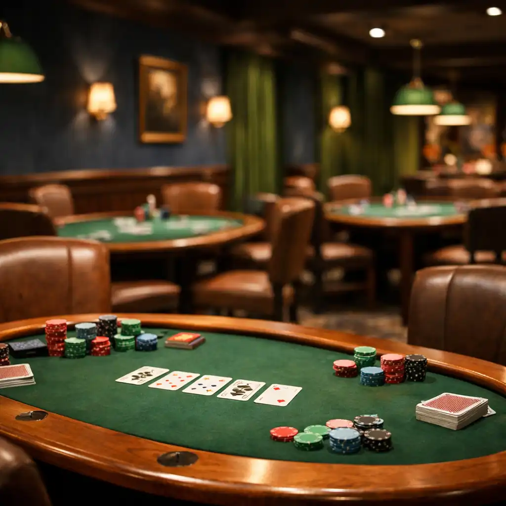 Poker Room avec tables physiques et éclairage tamisé