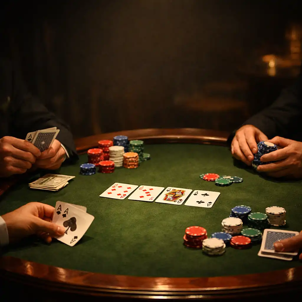 Partie de poker jouée autour d'une table physique