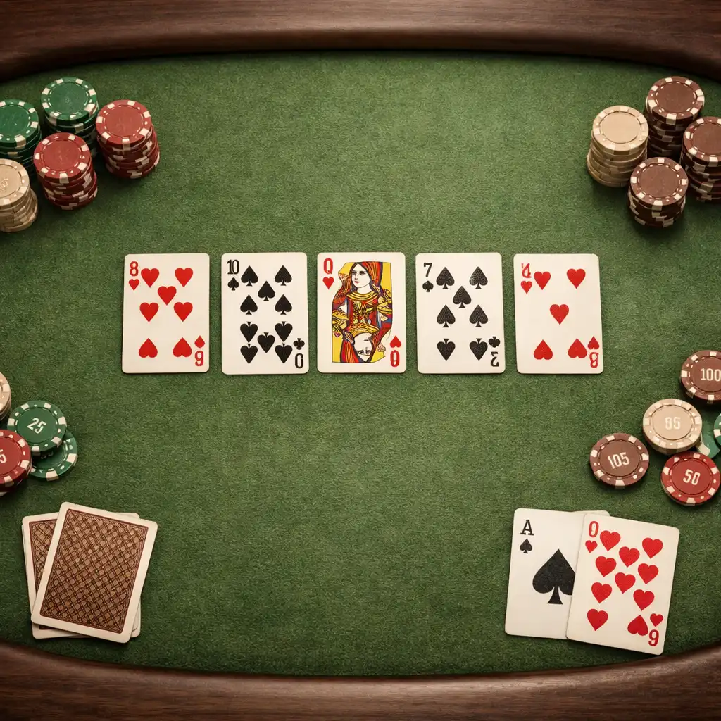Vue de dessus d'une table de poker avec feutre vert, cartes et jetons