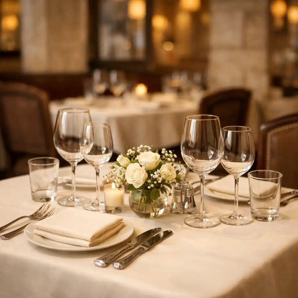 Table de restaurant dressée avec élégance, nappe ivoire et verres à vin