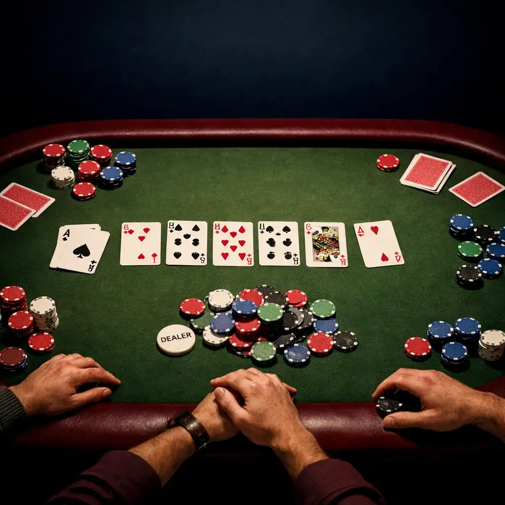 Table de poker physique avec tapis vert, cartes et jetons